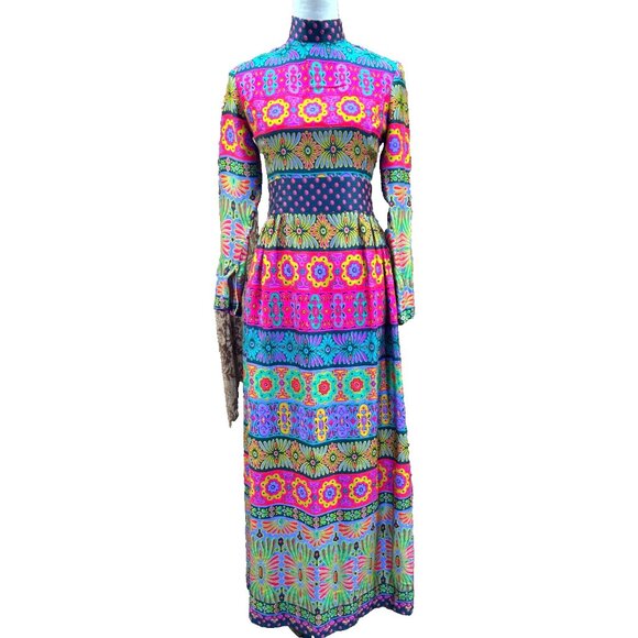 Alex Coleman Dresses & Skirts - VTG Alex Colman Dress 60s 70s Mod Hippie Psychedelic Vintage Maxi High Neck EUC